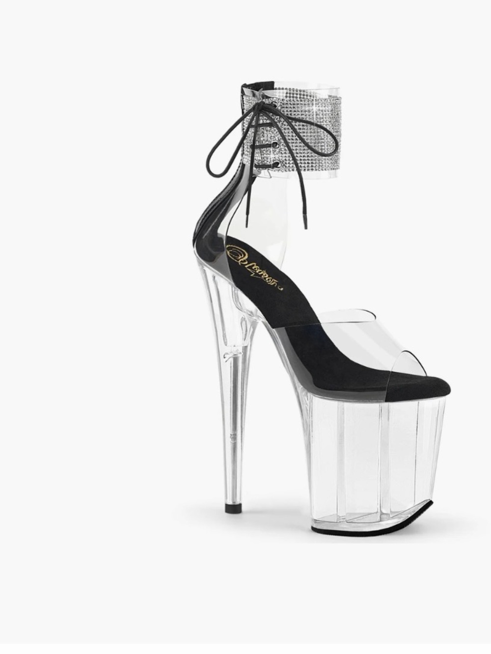 Pleaser Clear Platform Ankle-Tie Heel with Rhinestone Cuff in Black and Clear